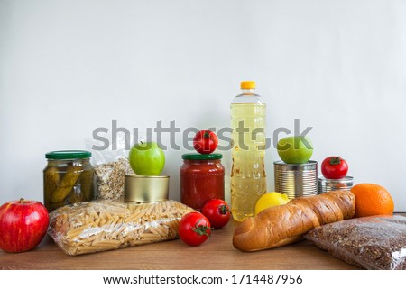 Set food donation  on white background. Food donation or delivery concept. Free space for text.