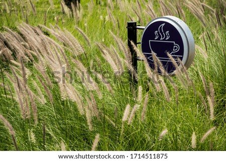 Signposts to the coffee shop surrounded by grassland