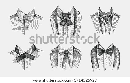 Hand-drawn sketch set of collars with ties on a white background. Collar with no tie, bow tie and brooch pin,  collar with cravat neckerchief, continental tie, simple traditional tie with no patterns Royalty-Free Stock Photo #1714525927