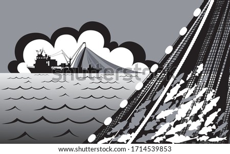 Fishing vessel with nets and commercial fish on the background of sky, cloud and sea. Black and white graphics.