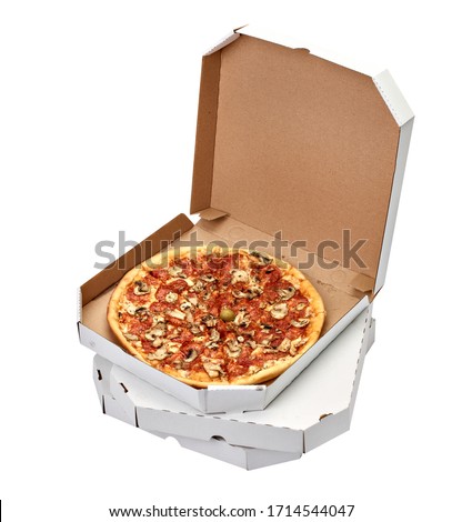 close up of a pizza in the box on white backgroubd Royalty-Free Stock Photo #1714544047
