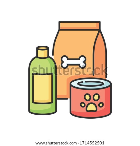 Pet care RGB color icon. Food for dogs in bag package. Canned goods for cats. Shampoo for domestic animals. Petshop products for kittens and puppies. Vet items. Isolated vector illustration