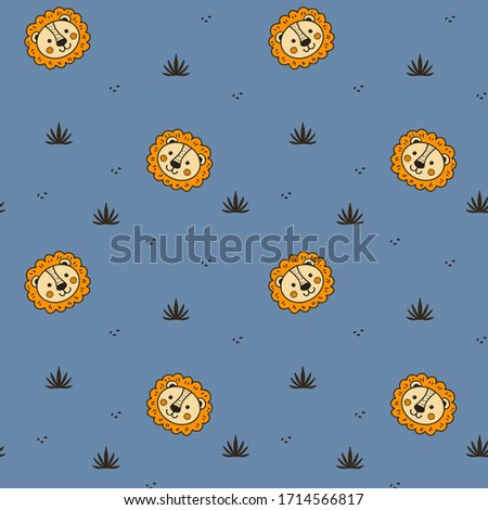 Cute lion face head and grass seamless pattern. Hand drawn vector illustration. Design for kid’s clothes, textile, wallpaper, fabric, wrapping, scrap, gift paper