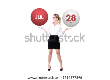 July 28th calendar background. Day 28 of jul month. Business woman holding 3d spheres. Modern concept.