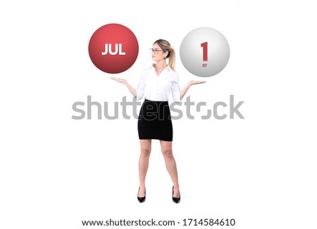 July 1st calendar background. Day 1 of jul month. Business woman holding 3d spheres. Modern concept.