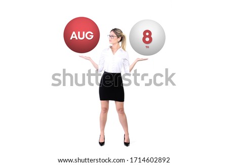 August 8th calendar background. Day 8 of aug month. Business woman holding 3d spheres. Modern concept.