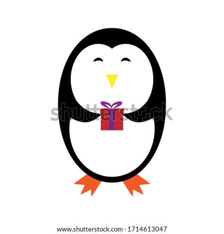 Cute Penguin Vector holding gift box  flat design Illustration.