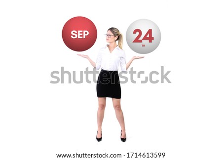 September 24th calendar background. Day 24 of sep month. Business woman holding 3d spheres. Modern concept.