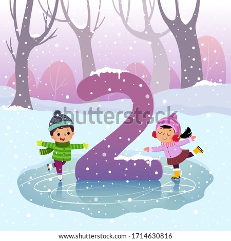 Flashcard for kindergarten and preschool learning to counting number 2 with a number of kids.
