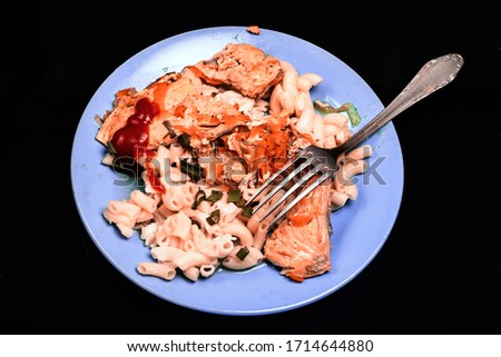 Pictured is a close-up plate of pasta and fish, with a new green onion and ketchup.