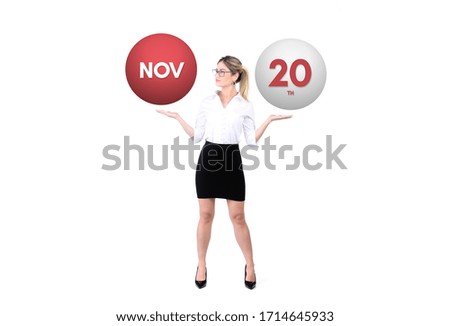 November 20th calendar background. Day 20 of nov month. Business woman holding 3d spheres. Modern concept.
