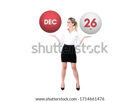 December 26th calendar background. Day 26 of dec month. Business woman holding 3d spheres. Modern concept.