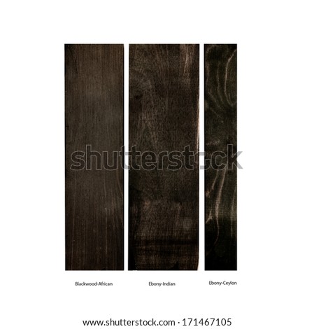 wood samples of Blackwood-African, Ebony-Indian and Ebony-Ceylon on a white background