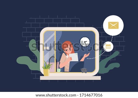 Work from home at the window. Woman Stay at home and working with a laptop and talking on phone. 