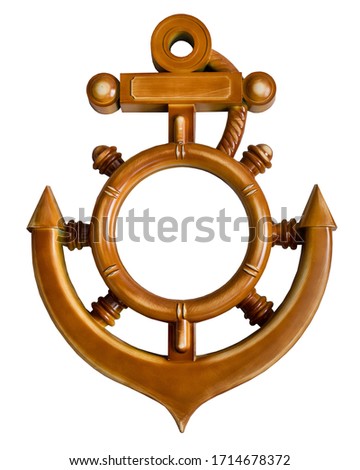 Light brown natural wood frame in view of the ship's wheel and anchor for photos, text, images or paintings isolated on a white background