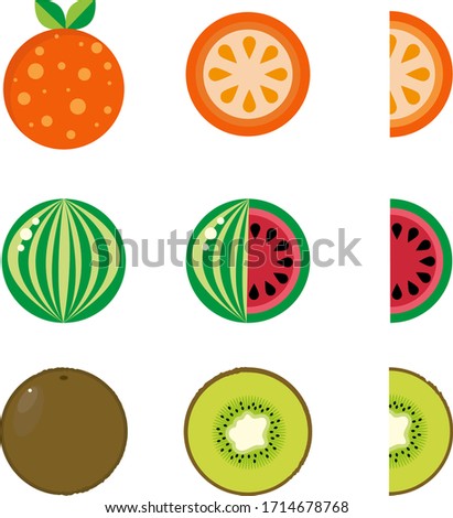 Juicy bright colors of fruits collections. Set of fruits are orange, kiwi and watermelon. As a whole and in the section. Available in eps10. Vector illustration