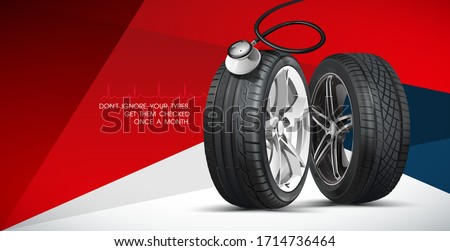 Inflating tire and checking air pressure with gauge pressure in service station. Tyre poster GET A FREE TYRE SAFETY CHECK TODAY. Discount. Black rubber tire. Realistic vector tyre.  Royalty-Free Stock Photo #1714736464