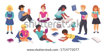 Reading children. Cartoon school kids characters standing and sitting with books, reading and learning at school and at home. Vector illustration smart kids study set