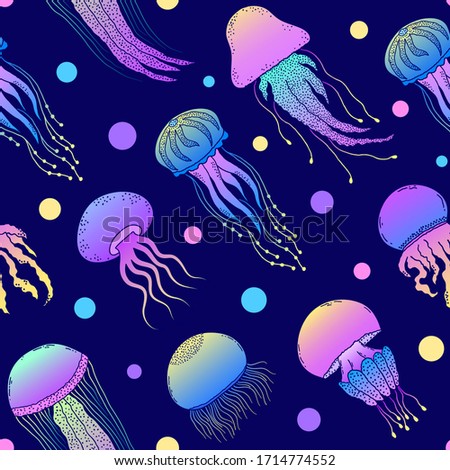Seamless pattern with hand drawn jellyfishes in doodle style on dark blue background.
