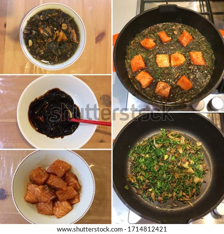 Salmon and coriander curry. Food preparation steps captured in multiple photos.
