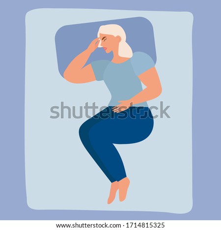A young woman who has a stomach ache or period of pain, menstruation. The girl is lying on the bed with a sick stomach. Vector