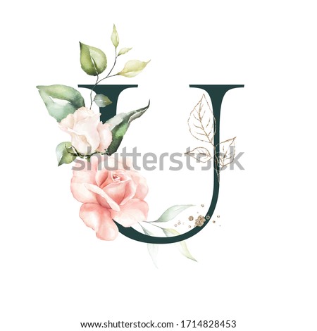 Dark Green Floral Alphabet - letter U with peach pink gold green botanic flower branch bouquet composition. Unique collection for wedding invites decoration, birthdays & other concept ideas.