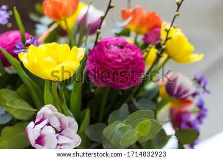 Cheerful bouquet of flowers. Beautiful colorful spring bouquet.
