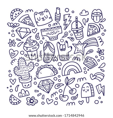 Cute drawings for patches and stickers - giant creative set including cactus, diamond, pizza, rainbow, ice cream, flip flops and lips . Cartoon style illustration set made in vector.