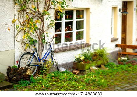 bike in a cozy yard , blue bicycle near the house