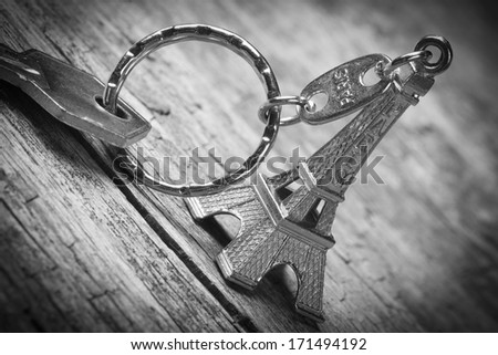 Keys of Paris. Keychain in the shape of the Eiffel Tower with key closeup.