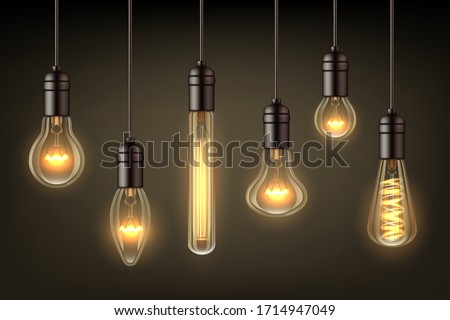 Glow realistic lamps. Incandescent light hang bulb wire vector illustrations set Royalty-Free Stock Photo #1714947049