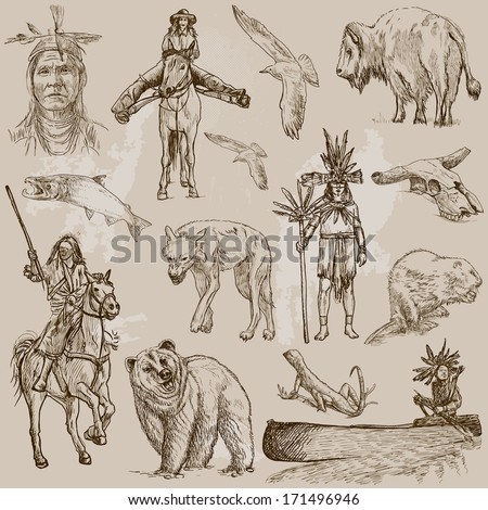 Mainly INDIANS (and Wild West as well), set no.1. Collection of hand drawn illustrations. Description: Each drawing comprises two layers of outlines, the colored background is isolated.