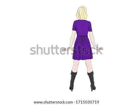 Cute hand drawn illustration of fashion girl with short blond hair. Jewel tone color. Amethyst purple. View from behind of the girl wearing high heels.