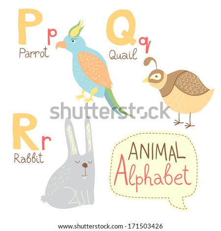 Cute zoo alphabet in vector. P, q, r letters. Funny animals. Parrot, quail, rabbit. Vector illustration for children's education.