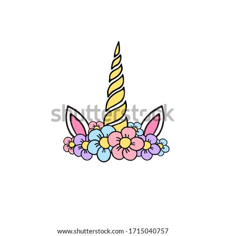 Vector hand drawn doodle sketch colored unicorn head with flowers isolated on white background