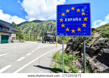 European Border between spain and france in the pyrenees mountains, andorra, road sign, europe