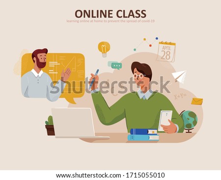 Young student is learning at home through laptop and smart phone, concept of online education and tutorial video Royalty-Free Stock Photo #1715055010