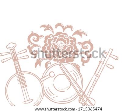 Music themed background with chinese musical instruments and peony flower. Vector illustration.