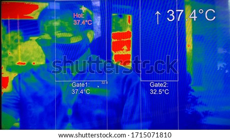 People waiting for body temperature check before access to building for against epidemic flu covid19 or corona virus in office by thermo-scan or infrared thermal camera Royalty-Free Stock Photo #1715071810