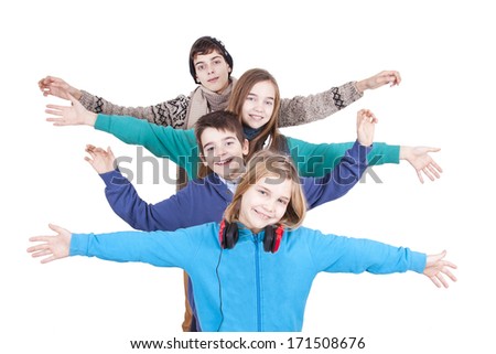 group of happy young boys over white background