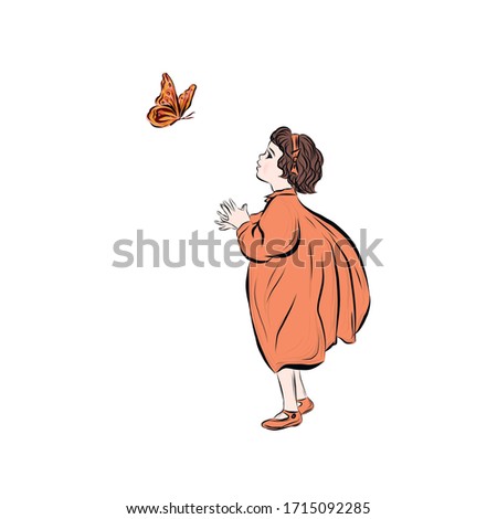 Girl looks at flying butterfly. 