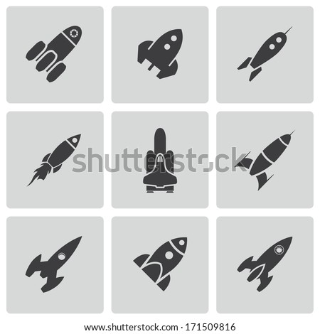 Vector black rocket icons set on white background