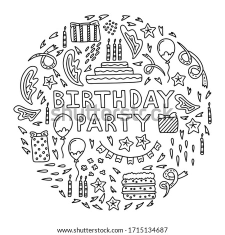 Set of funny elements in doodle style. Holiday card for a birthday. Party illustrations for children and adults. Black drawings on a white background. Vector EPS-10.