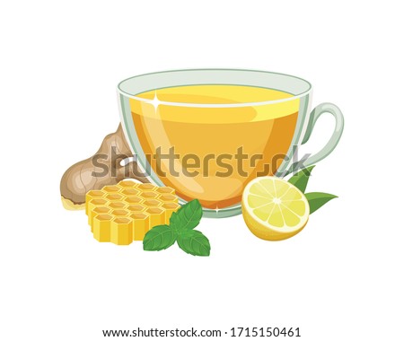 Ginger tea in glass cup isolated on white background. Ginger root, mint leaves, lemon slice, lemon slice, honeycomb. Vector illustration cartoon flat icon isolated on white. Royalty-Free Stock Photo #1715150461