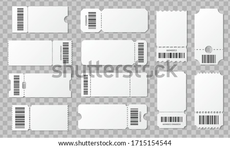 Blank ticket with barcode set. Template for concert, movie, theater and boarding tickets, lottery and discount coupons with ruffled edges