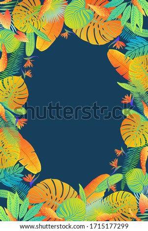 Neon tropical leaves of palm trees, monstera, fern and other plants. Vector color sketch on a blue background. Ultraviolet blue, turquoise, orange