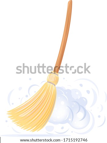 One big yellow broom sweep floor with long wooden handle and clouds of dust isolated, household implement from dust and dirt Royalty-Free Stock Photo #1715192746