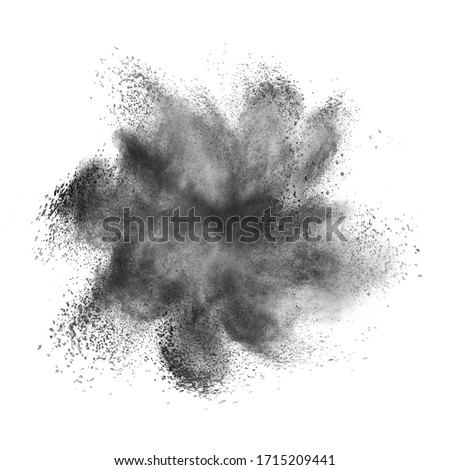 Creative chaotic powder burst or splash in dark gray color on a white background with copy space. Royalty-Free Stock Photo #1715209441