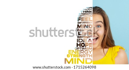 Portrait of happy and inspired girl with lettering hope, idea, solution, mind, flyer with copyspace for advertising. Mixed background, art collage and modern design. Inspiration, development concept.