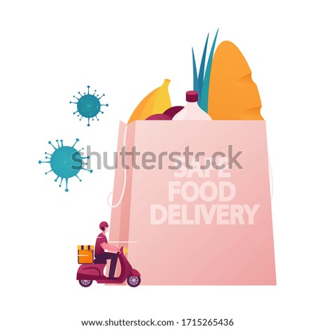 Safe Food Delivery. Courier Character Delivering Grocery Order to Home of Customer with Mask and Gloves During Coronavirus Pandemic Use Scooter, Express Service. Cartoon People Vector Illustration